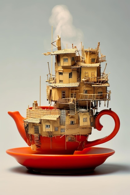 Eine Teekanne mit einem Haus darauf generatives KI-Bild