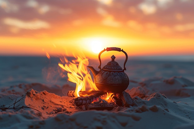 Eine Teekanne und ein brennendes Feuer in der Wüste bei Sonnenuntergang mit KI generiert