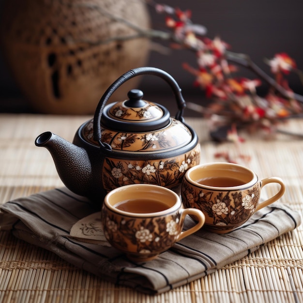 eine Teekanne und Tassen liegen auf einer Matte mit einem Topf Kaffee.