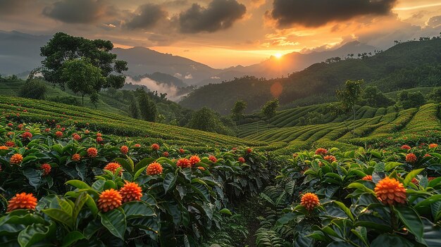 eine Teeplantage mit Blumen und Bergen im Hintergrund