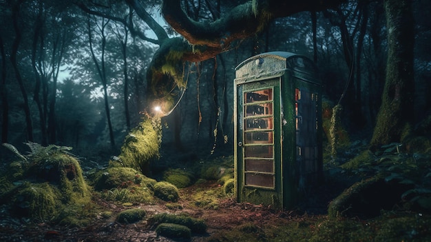 Eine Telefonzelle im Wald mit einer Lampe an der Seite