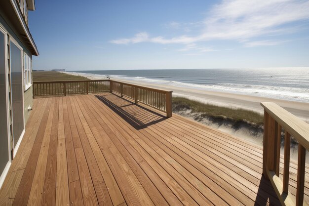 Eine Terrasse mit Blick auf den Strand, umgeben von sanften Wellen