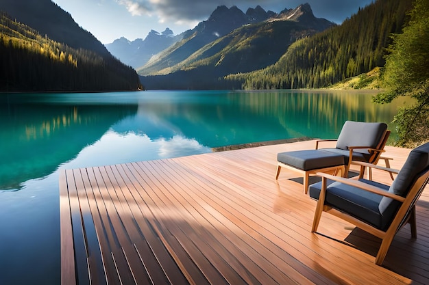 Eine Terrasse mit Blick auf einen Berg und einen See