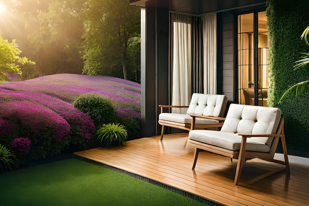 Eine Terrasse mit Blick auf einen Garten und einem Stuhl.