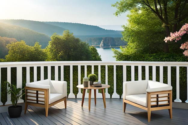 Eine Terrasse mit Blick auf einen See und Berge im Hintergrund