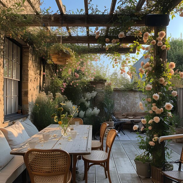 Eine Terrasse mit einem Tisch und Stühlen und einer Bank mit Blumen darauf und einem Pergolatdach