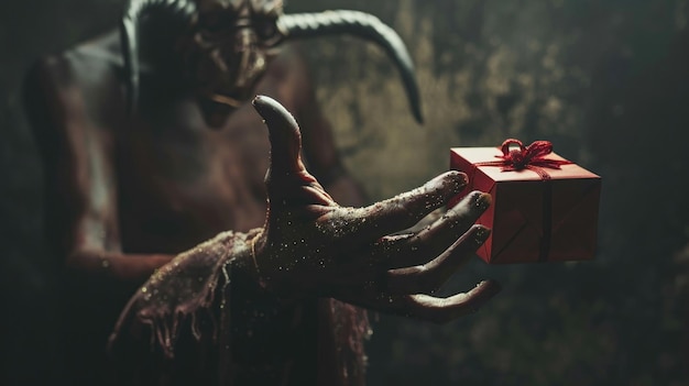 Eine teuflische Figur hält eine kleine Geschenkbox in der Hand