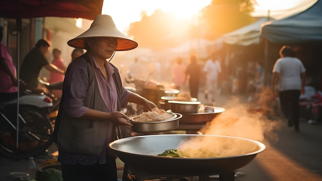 Eine thailändische Frau, die Pho auf dem abendlichen Straßenmarkt verkauft, generiert ein Bild aus dem neuronalen Netzwerk