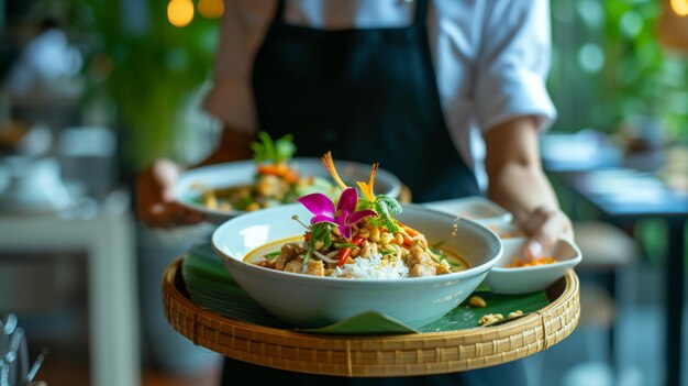 eine thailändische Küche Tom Kha Gai Kellner, der im Restaurant in Bewegung ist und Dienst tut Der Kellner trägt das Geschirr