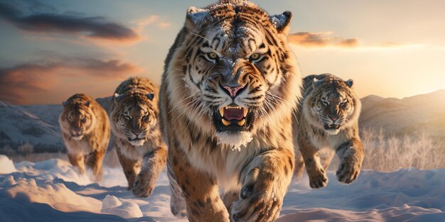 Eine Tierfotografie einer Gruppe von Schnee-Tigern, die ihr Territorium für Beute bewohnen