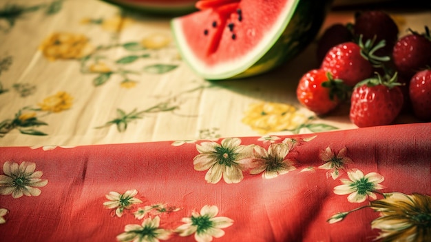 Eine Tischdecke mit Blumenmuster und einer Wassermelone darauf