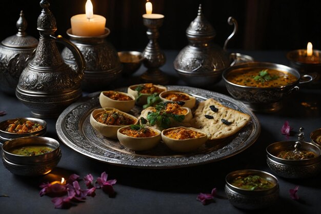 Foto eine tischgestaltung mit indischem essen und einer laterne