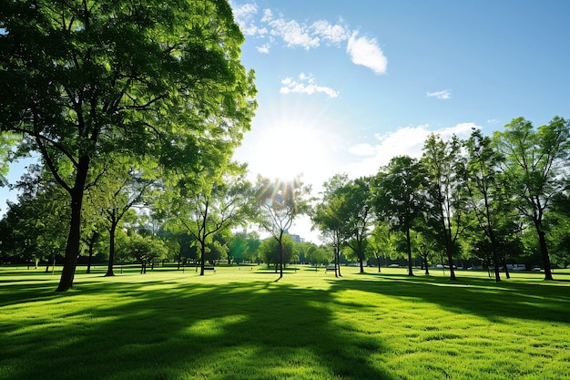 Eine tolle Aufnahme eines Parks mit Bäumen und Gras an einem sonnigen Tag