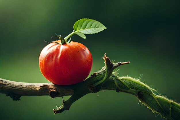 Eine Tomate auf einem Ast mit grünen Blättern