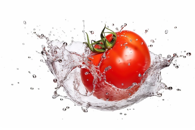 Eine Tomate, die in einem Wasserspritzer planscht