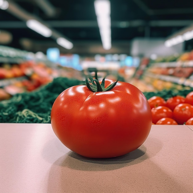 eine Tomate in einem natürlichen Rahmen im Supermarkt, die mit