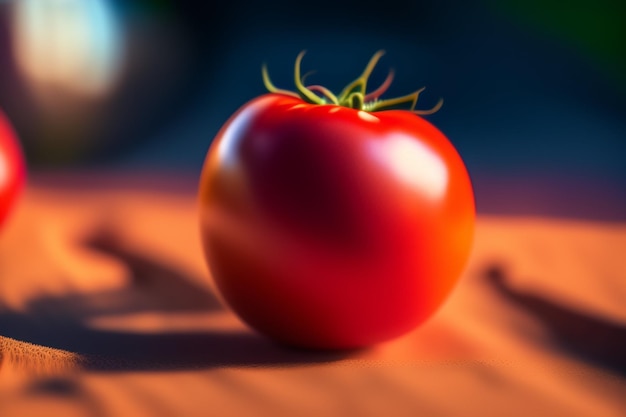 Eine Tomate liegt auf einem Tisch vor blauem Hintergrund.