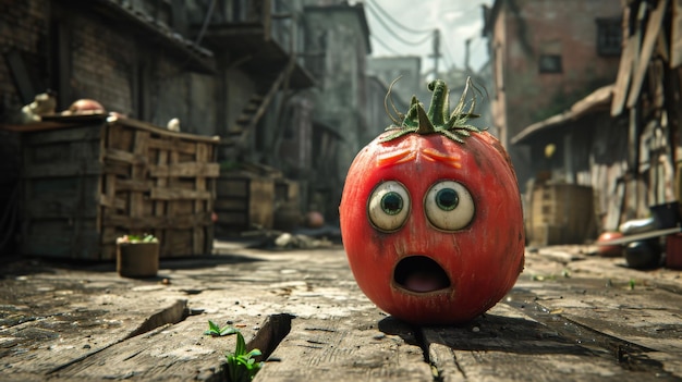Foto eine tomate mit einem gesicht auf dem boden in einer städtischen umgebung ai