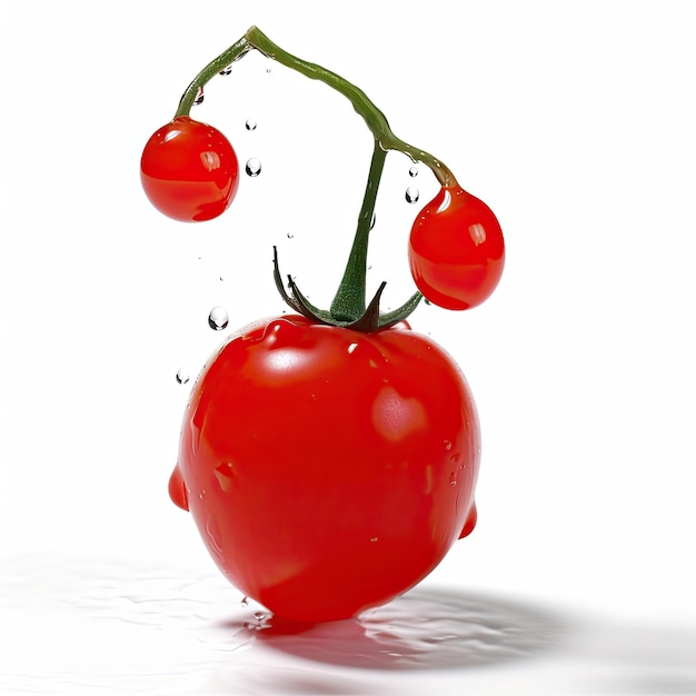 Eine Tomate mit Wassertropfen darauf
