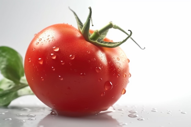 Eine Tomate mit Wassertropfen darauf