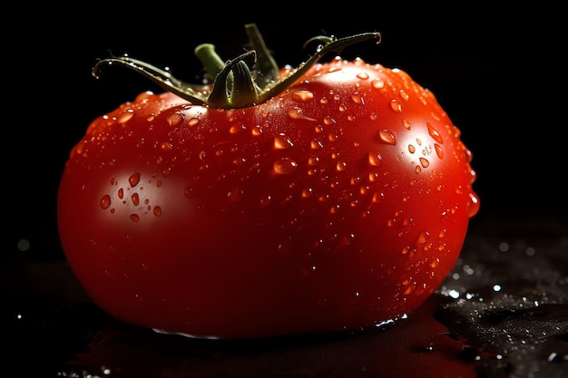 Eine Tomate mit Wassertropfen darauf