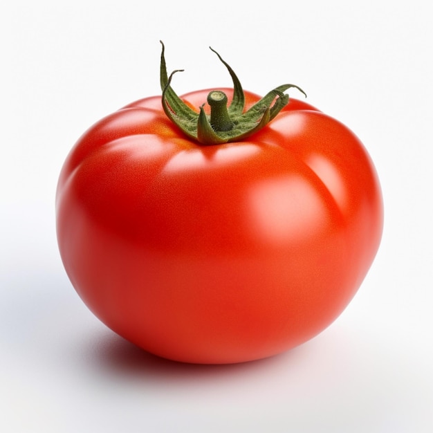 Eine Tomate steht auf weißem Hintergrund und ist rot.