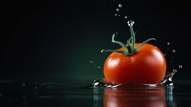 Foto eine tomate wird mit wasser auf einem schwarzen hintergrund gespritzt