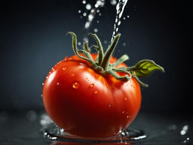 eine Tomate wird mit Wasser besprüht und wird durch einen Wasserspritz besprüht