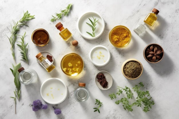 Eine Top-Ansicht einer Sammlung von ätherischen Ölen, die auf einem weißen Stein-Tisch angeordnet sind Ideal für die Förderung von Aromatherapie und natürlichen Heilmitteln Generative KI