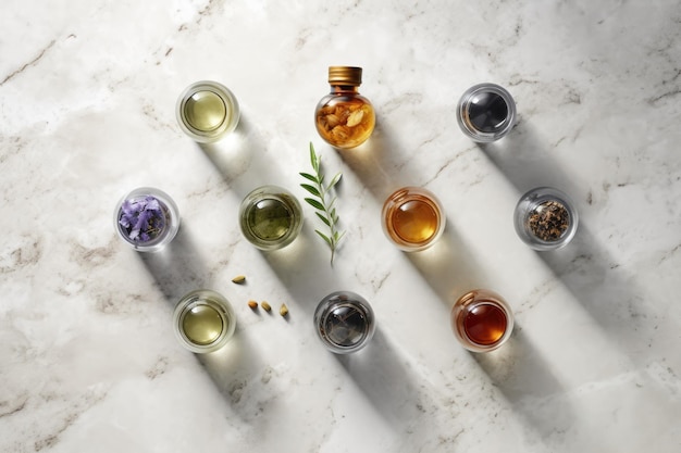 Eine Top-Ansicht einer Sammlung von ätherischen Ölen, die auf einem weißen Stein-Tisch angeordnet sind Ideal für die Förderung von Aromatherapie und natürlichen Heilmitteln Generative KI