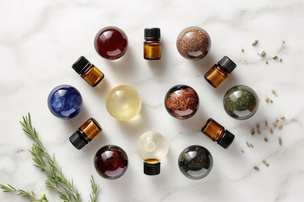 Eine Top-Ansicht einer Sammlung von ätherischen Ölen, die auf einem weißen Stein-Tisch angeordnet sind Ideal für die Förderung von Aromatherapie und natürlichen Heilmitteln Generative KI