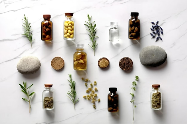 Eine Top-Ansicht einer Sammlung von ätherischen Ölen, die auf einem weißen Stein-Tisch angeordnet sind Ideal für die Förderung von Aromatherapie und natürlichen Heilmitteln Generative KI