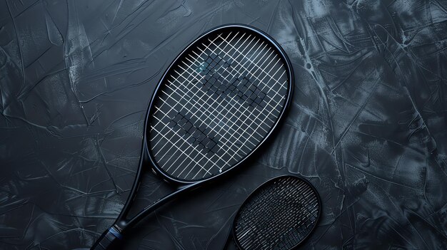 Foto eine top-ansicht von zwei tennisschlägern auf einem dunklen hintergrund die schlägereien sind schwarz mit weißen saiten