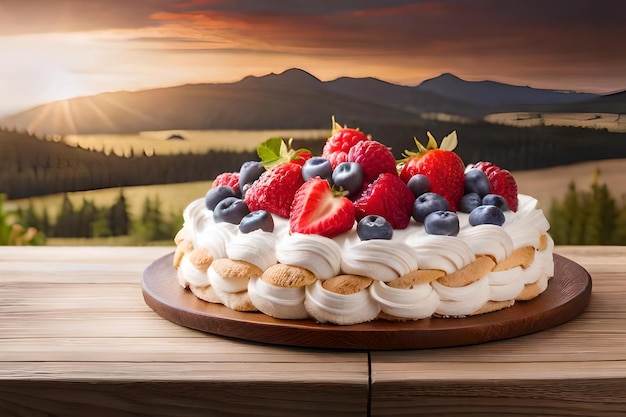 Eine Torte mit Blick auf die Berge im Hintergrund