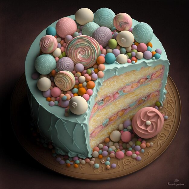 Eine Torte mit bunten Bonbons darauf und einem Stück Kuchen auf der Unterseite.