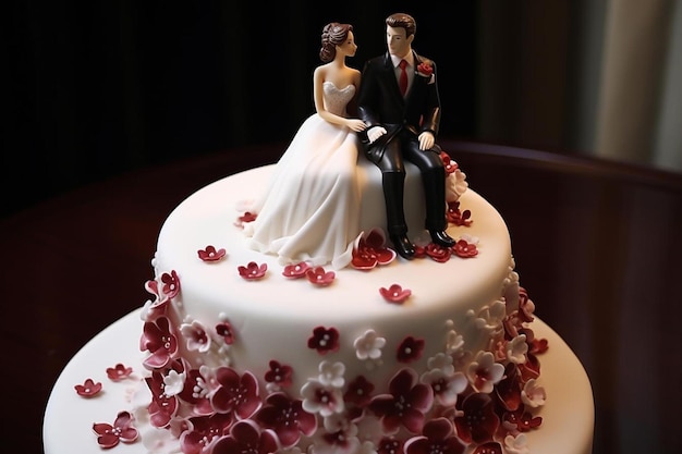 eine Torte mit einem Paar darauf und auf der Torte sind Blumen.