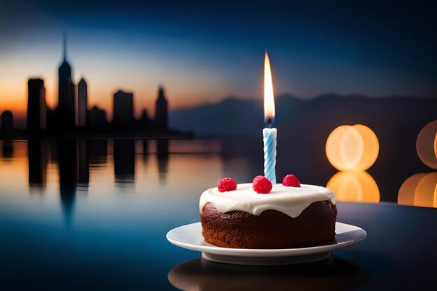 Foto eine torte mit einer kerze, auf der „geburtstag“ steht.