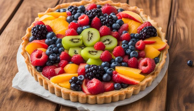 Foto eine torte mit früchten sitzt auf einem holztisch