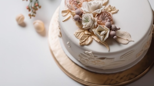 Eine Torte mit Golddekor und einer Blumendekoration auf der Oberseite.