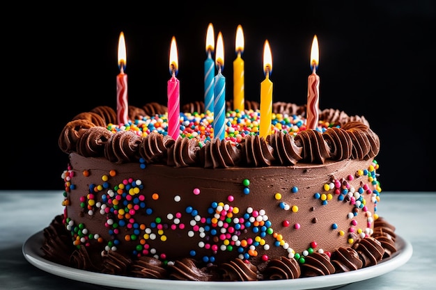 Eine Torte mit Kerzen darauf und der Aufschrift „Geburtstag“.