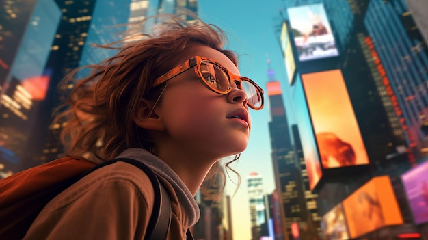Eine Totalaufnahme eines kleinen Mädchens mit Sonnenbrille, das zu den hohen Gebäuden am Times Square hinaufschaut