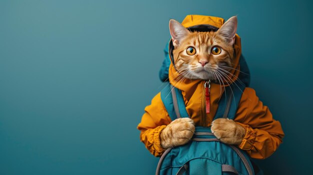 Foto eine touristenkatze mit einem rucksack auf blauem hintergrund