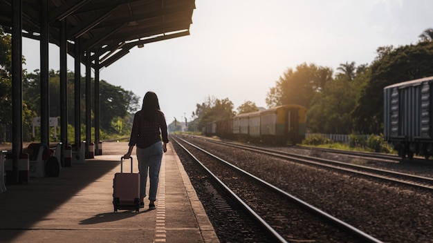 Eine Touristin, die eine rosa Tasche hält, wartet am Bahnhof auf einen Zug.