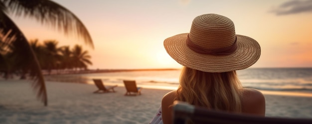 Eine Touristin entspannt sich am tropischen Strand. Erstellen Sie mit generativer KI