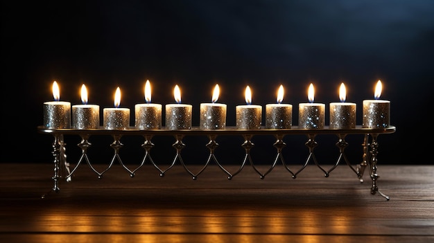 Eine traditionelle Hanukkah-Einstellung mit einer silbernen Menora, die mit flackernden Kerzen geschmückt ist