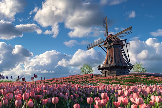 Eine traditionelle hölzerne Windmühle in einem Tulpenfeld