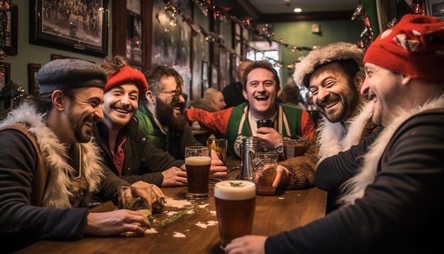 Eine traditionelle irische Pub-Szene mit Gästen in festlicher Kleidung