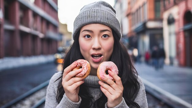 Eine träumende junge asiatische Dame hält zwei köstliche süße Donuts, leckt ihre Lippen und will eine kalorienreiche Nahrung essen.