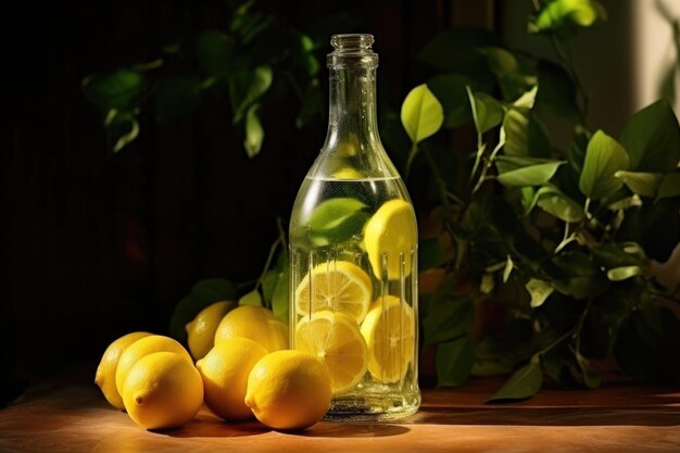 Foto eine transparente glasflasche, die unter zitronen auf einem tisch steht