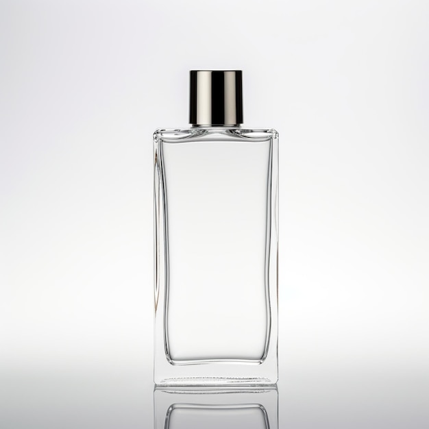 Eine transparente, schlanke Parfümflasche auf weißem Hintergrund